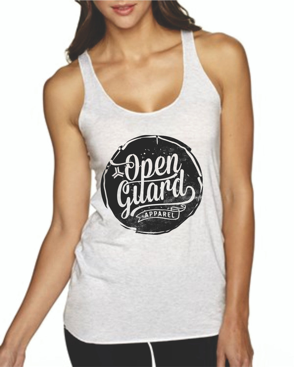 Female Open Guard Apparel Circle Flow Tank in Heather white black. Available at www.openguardapparel.com