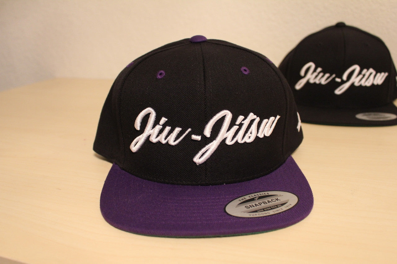 Open Guard Apparel Black and Purple Jiu Jitsu Cursive Hat Snapback style.