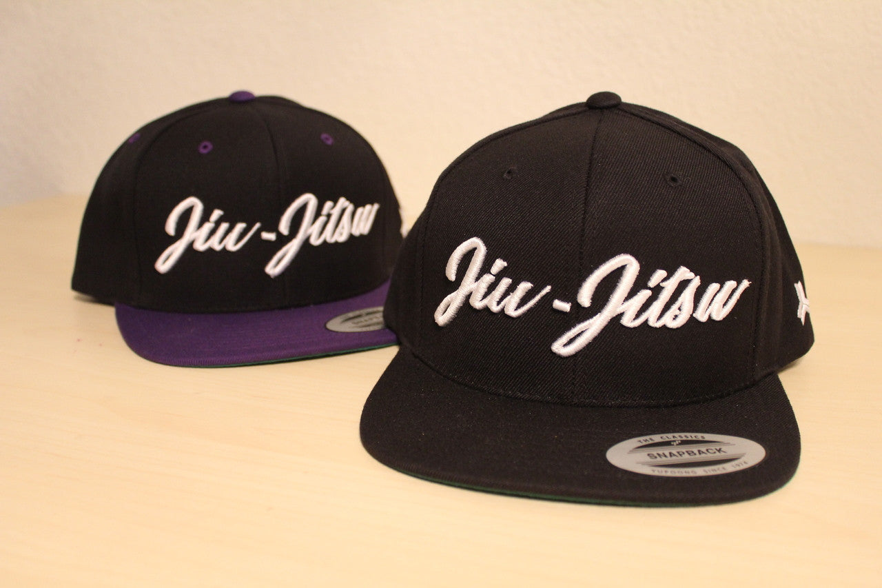 Open Guard Apparel Black and Purple Jiu Jitsu Cursive Hat Snapback style.