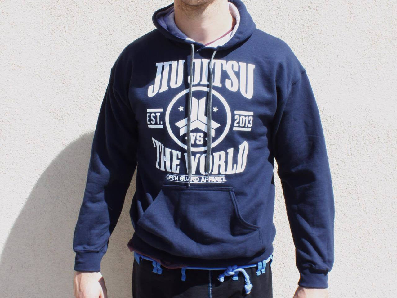 Open Guard Apparel Jiu Jitsu VS the World Hoodie in Navy with grey contrast.