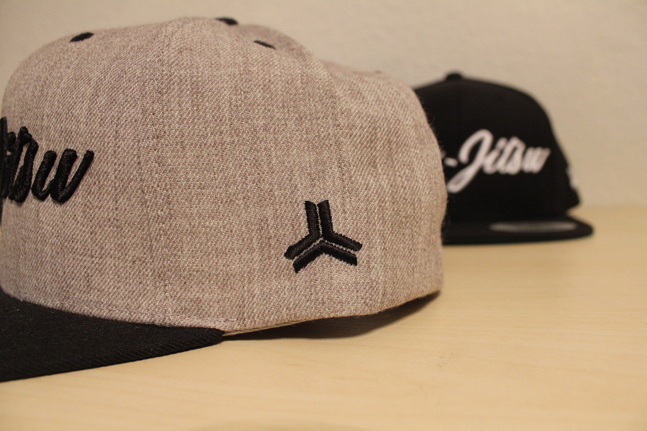 Open Guard Apparel Black and Heather Gray Jiu Jitsu Cursive Hat Snapback style.