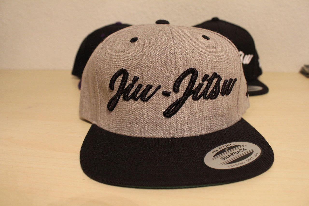 Open Guard Apparel Black and Heather Gray Jiu Jitsu Cursive Hat Snapback style.