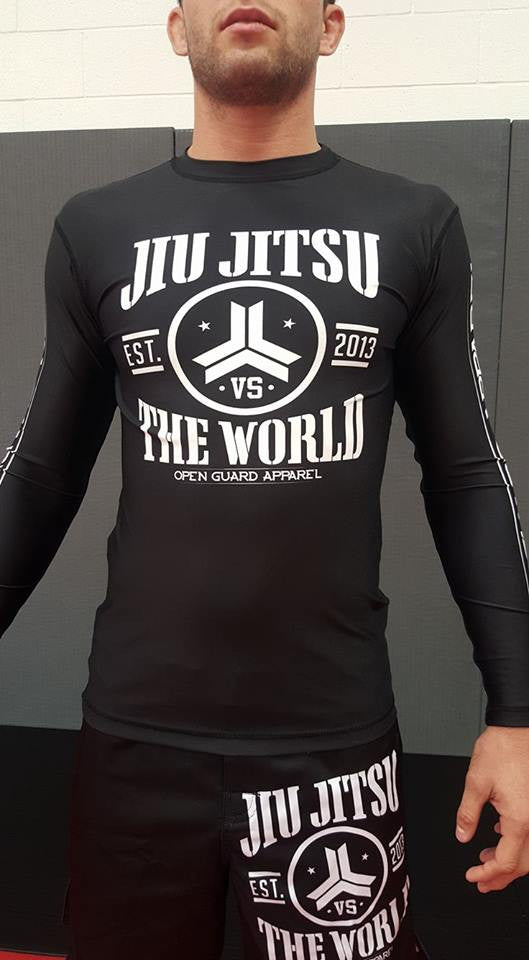 Jiu Jitsu Vs the world rashgaurd in black.