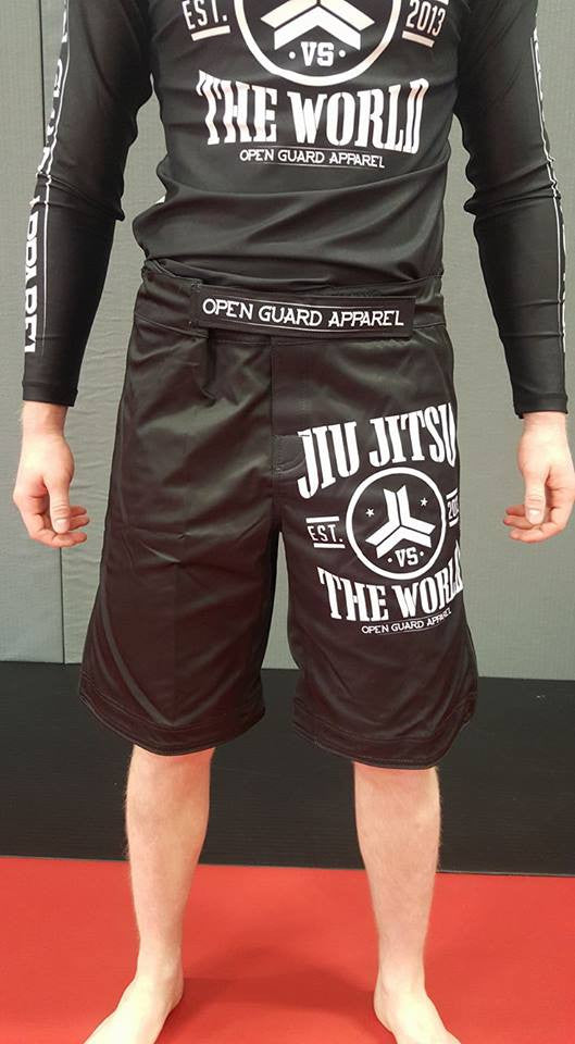 OGA Jiu Jitsu Vs The World Fight Shorts.  Great for BJJ and MMA.  Black and White Grappling Shorts from Open Guard Apparel. 
