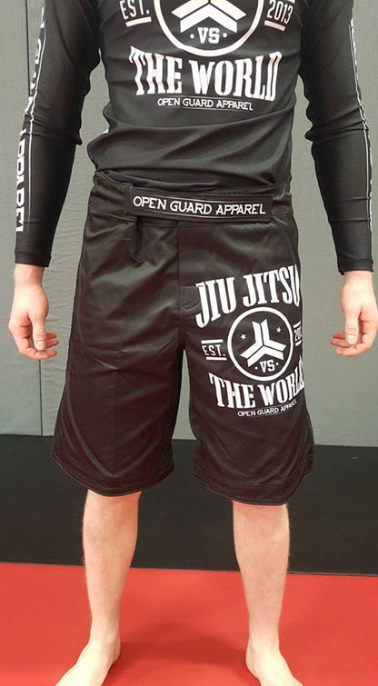 OGA Jiu Jitsu Vs The World Fight Shorts.  Great for BJJ and MMA.  Black and White Grappling Shorts from Open Guard Apparel. 
