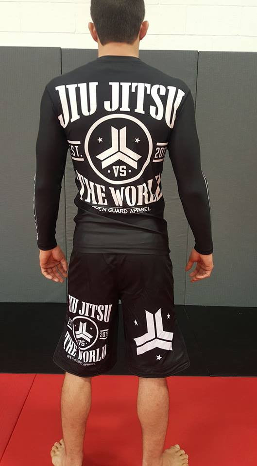 OGA Jiu Jitsu Vs The World Fight Shorts.  Great for BJJ and MMA.  Black and White Grappling Shorts from Open Guard Apparel. 
