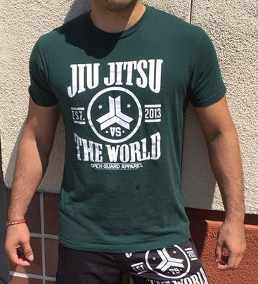 Jiu Jitsu Vs The World T-Shirt in Green.  Available at www.openguardapparel.com

Enjoy Jiu JItsu VS the world gear all in stock.  From rashguard to shorts and these shirts