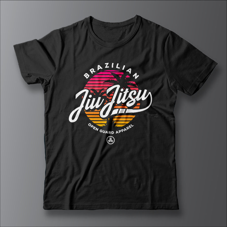 Brazilian Jiu-Jitsu lifestyle t-shirt - black with printed orange/pink sunset. Support local BJJ brands!