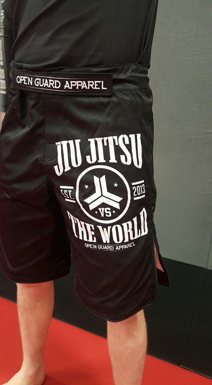 OGA Jiu Jitsu Vs The World Fight Shorts.  Great for BJJ and MMA.  Black and White Grappling Shorts from Open Guard Apparel. 
