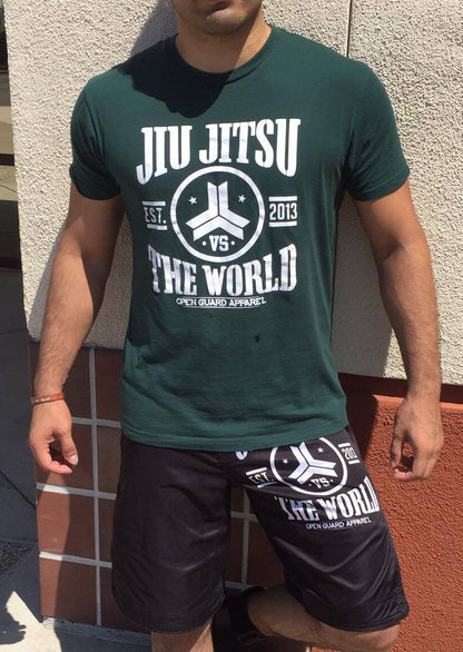 Open Guard Apparel Jiu Jitsu VS the World Green and white t-shirt.  